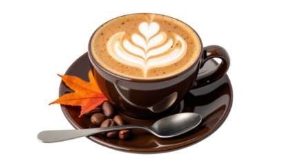 Warm cup of coffee with latte art sits on dark plate, accompanied by coffee beans and vibrant autumn leaf, evoking cozy atmosphere