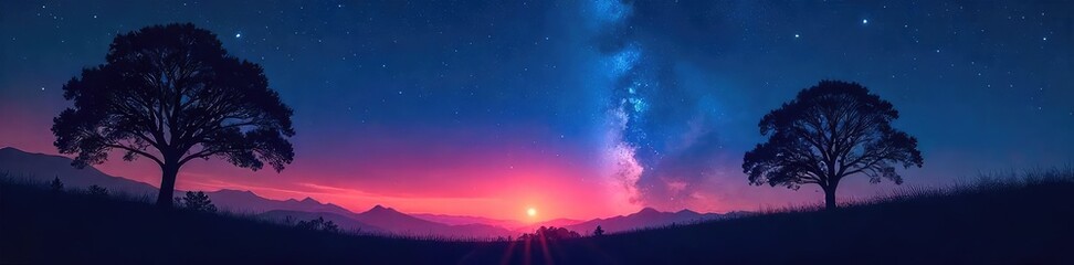 Fototapeta premium Silhouetted trees against a starlit sky, crickets chirping, conveying a sense of peaceful nocturnal spirituality , calm, soul searching, night