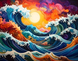Naklejka premium Dynamic Waves and Colorful Sky Art