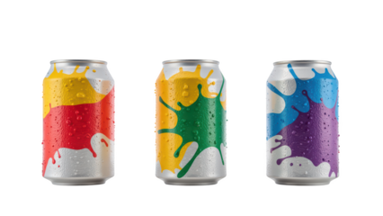 Colorful beverage cans with vibrant splash designs, showcasing refreshing and artistic look. Perfect for lively drink experience