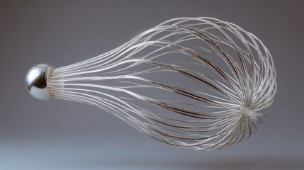 3d rendering of a wire whisk. the whisk is made of silver wire and has a round, shiny ball at the end. the wire is twisted and twisted in a spiral pattern, creating a sense of movement and energy.