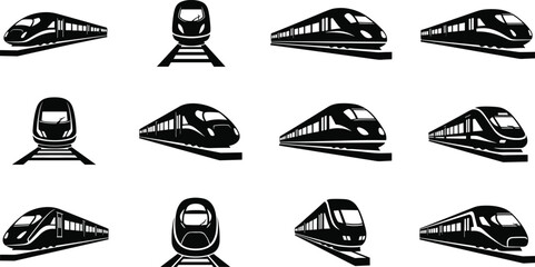 Modern train silhouette icon set, high speed rail illustration, commuter railway design, black and white transport, metro subway vector collection © MdMahmudul