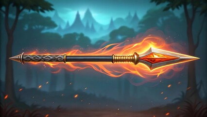 Fantasy spear with fiery aura in enchanted forest setting