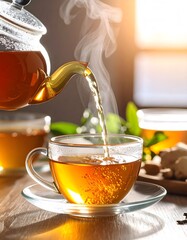 Warm Golden Tea Pouring into Glass Cup