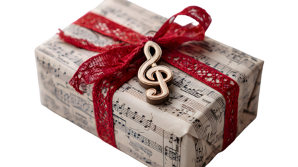 A gift box wrapped in sheet music paper, tied with a red ribbon and a treble clef ornament. Musical Christmas theme, creative and elegant, isolated on white background.