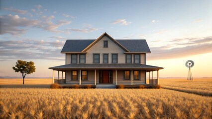 Isolated farmhouse in a golden wheat field at sunset with a windmill