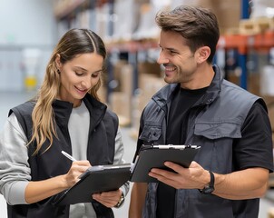 Happy delivery team members collaborating in warehouse office, reviewing inventory and orders for efficient package dispatch and logistics management