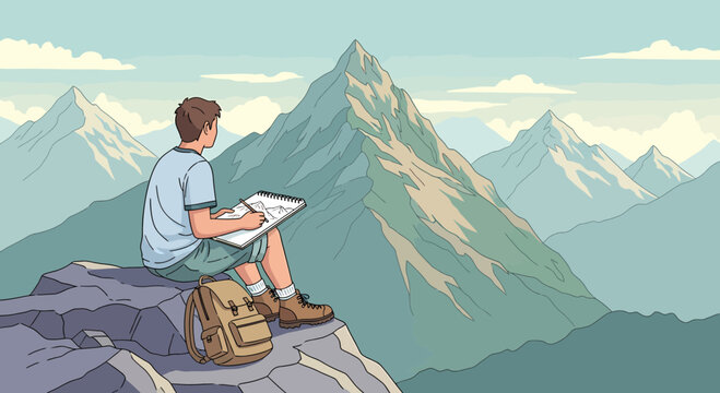 Man Sketching Mountain Landscape From Rocky Summit Destination