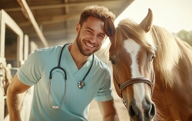 Veterinarian male doctor with stethoscope examining horse in stable, farm animal care, rural profession