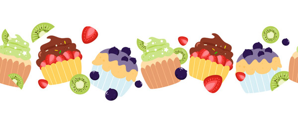 Cute cupcakes vector seamless pattern, seamless border with cupcake and fruits, can be used for decoration, banners, wallpapers, cards and wrapping