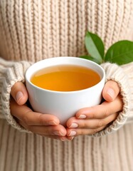 Warm hands holding a cup of tea with green leaves in a cozy sweater
