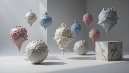 A sophisticated and artful still-life arrangement featuring an array of abstract, sculptural forms, predominantly spherical and teardrop-shaped objects crafted from what appears to be textured, crumpl