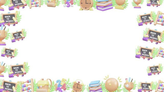 Seamless looping Back to School 3D animation border supplies