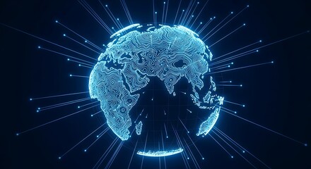 Digital earth globe with glowing network connection dots and lines spreading from the surface, representing global communication and technology