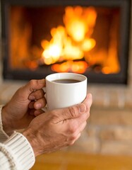 Warm hands holding coffee cup in front of a cozy fireplace.