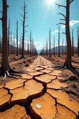 Obraz premium Sun-baked, cracked earth reveals the skeletal remains of dead trees in a parched forest A stark landscape depicting the harsh reality of drought and deforestation , heat, roots