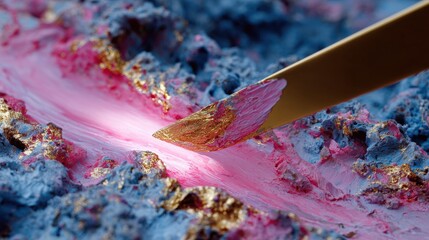 Close-up of a paintbrush with a gold-colored handle. the brush is being used to apply pink and blue paint to a textured surface. the paint is flowing out of the brush, creating a pinkish-purple hue.