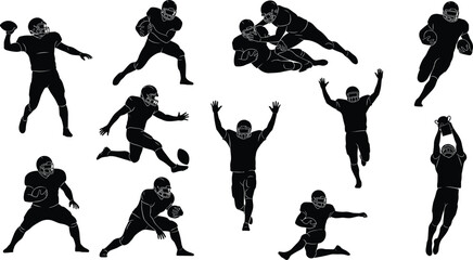 Silhouette collection of American football players, running, passing, tackling, catching, kicking, celebrating, sports action, athletic icons, competition, championship, victory