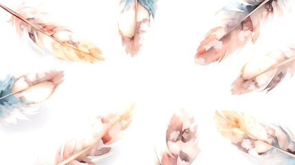 Naklejka premium a collection of soft, watercolor feathers artfully arranged in a circular design, creating a sense of delicate beauty and artistic flair. These feathers boast a lovely color palette of soft pastels.
