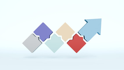 Business growth infographic arrow up, 6 steps to success, strategy, increase, achievement 3d render