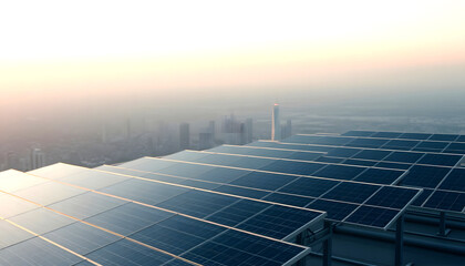Solar power with photovoltaic panels on a roof under sunlight sunset in the city.