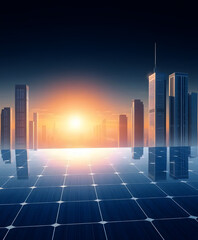 Solar power with photovoltaic panels on a roof under sunlight sunset in the city.