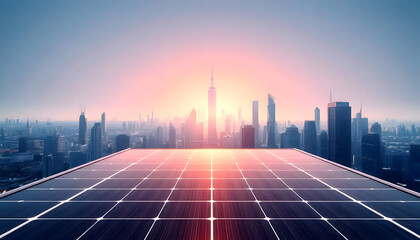 Solar power with photovoltaic panels on a roof under sunlight sunset in the city.
