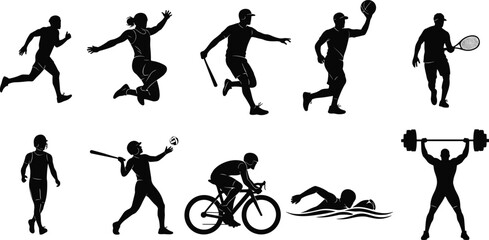 Sports silhouettes with athletes running, cycling, swimming, basketball, tennis, volleyball, weightlifting, fitness training, competition, teamwork, physical activity, exercise