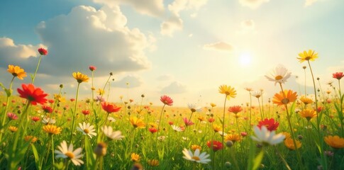 Sun-drenched field of wildflowers gently swaying in a light breeze, creating an ethereal, airy atmosphere Perfect for backgrounds, websites, or nature-themed projects , green, spring