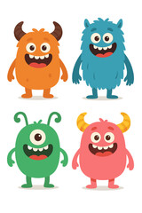 A set of cute, colorful monster characters: toothy and fluffy mutants with humorous, friendly faces in a cartoon vector illustration