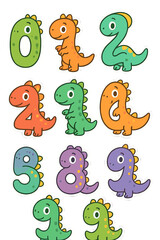 Obraz premium Bright numbers 0 through 9 are illustrated as baby dinosaurs, featured on greeting cards, stickers, banners, logos, badges, and posters, with colorful doodles set against a white background