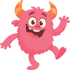 A cheerful pink cartoon monster, furry and waving, dancing in a colorful style against a transparent background