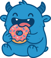 A playful baby monster with a donut, a cute blue chubby character munching a glazed donut, ideal for National Donut Day or Fat Thursday ads and menu covers