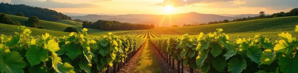 Fototapeta premium Sun-drenched rows of grapevines stretching across a picturesque vineyard, ready for harvest Lush foliage and rolling hills create a stunning landscape , wine grapes, rows of vines