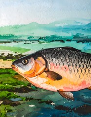 Watercolor Carp Painting with Detailed Scales and Abstract Landscape Background