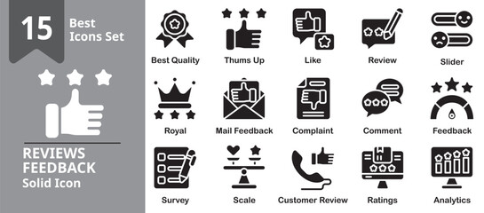 Reviews Feedback Icon set. Including review, feedback, rating, star, comment, testimonial and more. Solid vector icons collection.