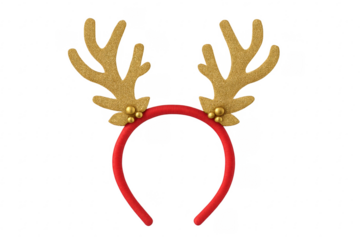 Christmas reindeer antlers headband with golden glitter, transparent background