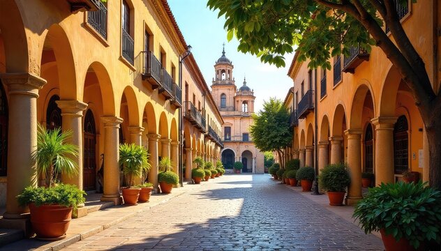 Fototapeta Sun-drenched Seville, Andalucia Iconic architecture, vibrant orange trees, and the captivating beauty of a Spanish city Explore the charm of historic streets and courtyards , cityscape, vacation