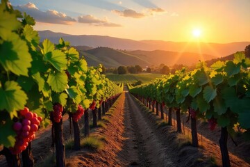 Fototapeta premium Sun-drenched vineyards rolling across the California hills, ripe grapes hanging heavy on the vines, ready for harvest Golden hour light bathes the landscape in warmth , sun, sunlight