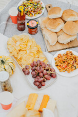 A table with a variety of food items including chips, grapes, and sandwiches. Scene is casual and inviting, as it is a picnic or a gathering with friends or family