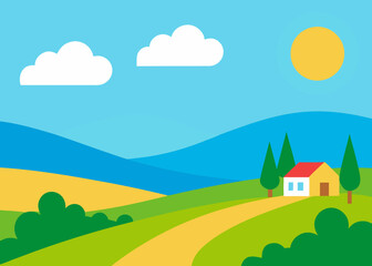 Fototapeta premium gouache sunny countryside blue sky landscape painting