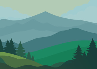 oil painting foggy hills forest morning background