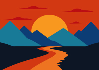oil painting sunset mountain river background illustration