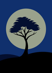 oil painting tree silhouette moonlight background illustration