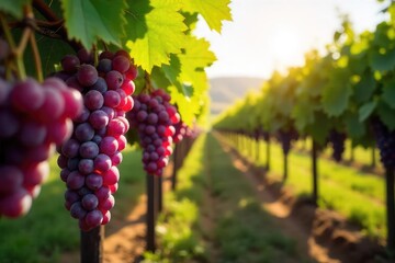 Fototapeta premium Sunlight dapples rows of ripening grapes hanging heavy on the vine in a picturesque vineyard, ready for harvest The idyllic scene showcases the beauty of wine production , berries, ripening, vines