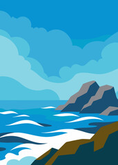 oil painting windy ocean rocks background illustration
