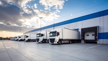 White Semi-Trucks Parked at a Modern Warehouse Under a Cloudy Sky