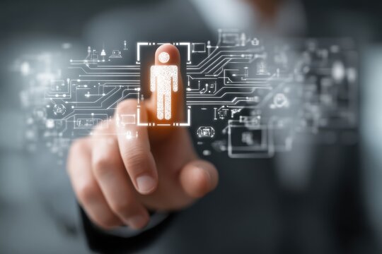 Businessman touching a digital human icon amid holographic circuits and futuristic technology