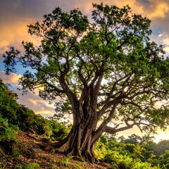Fototapeta premium A majestic, ancient tree silhouetted against a vibrant sunset sky