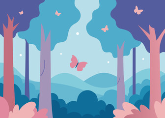 watercolor dreamy forest with butterflies background